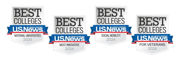 4 US News and World Report Rankings Badges - Top University, Most Innovative College, Social Mobility and Best School for Veterans