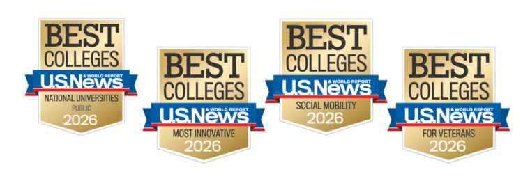 4 US News and World Report Rankings Badges - Top University, Most Innovative College, Social Mobility and Best School for Veterans