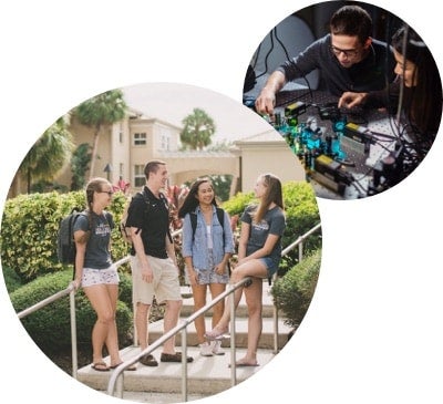 2 round images: larger image is of one male and 3 female freshmen students talking and standing on outdoor stairs; smaller image is of a male and a female student in lab