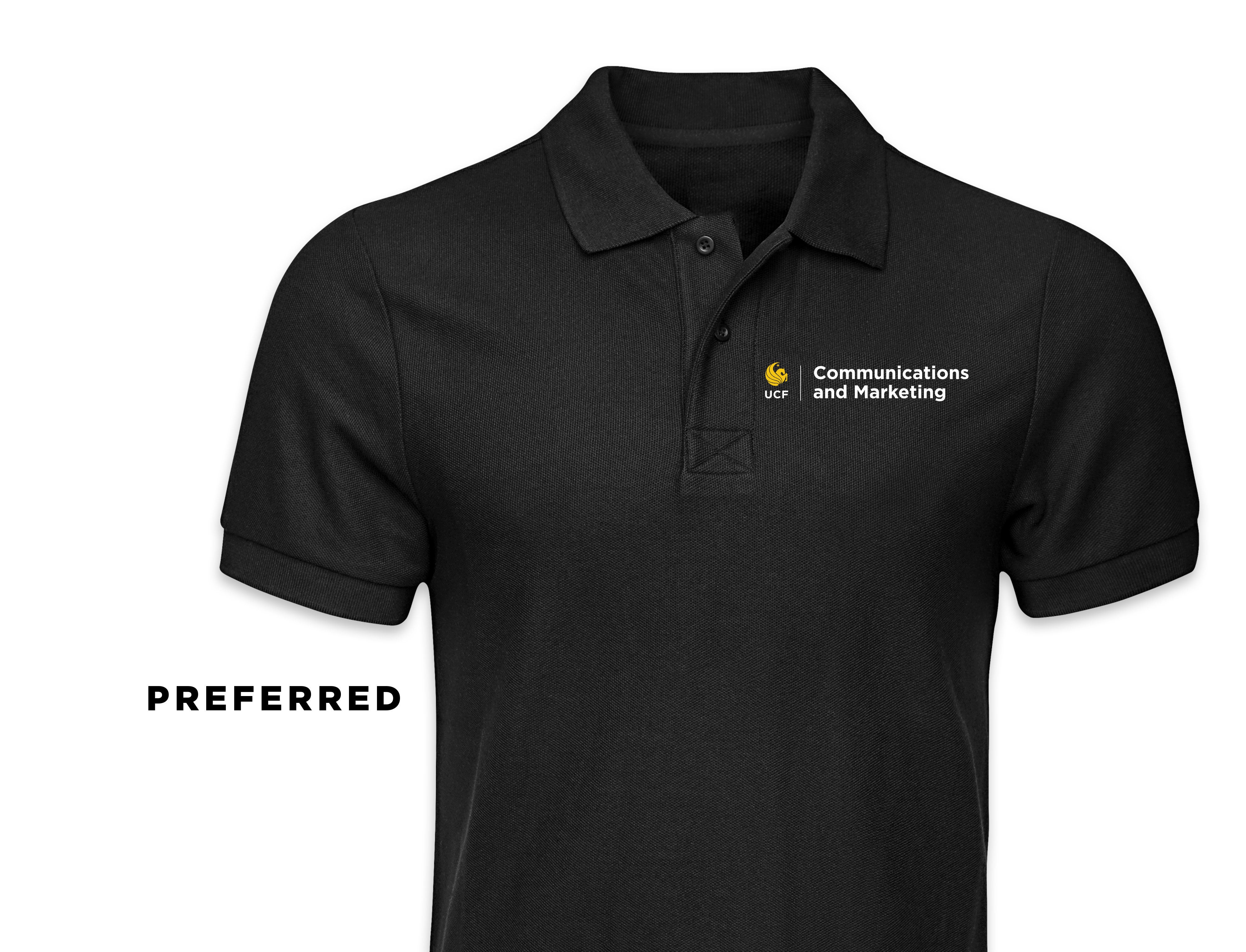 The preferred polo shirt design uses your Unit Identity Lockup to the left of the buttons.