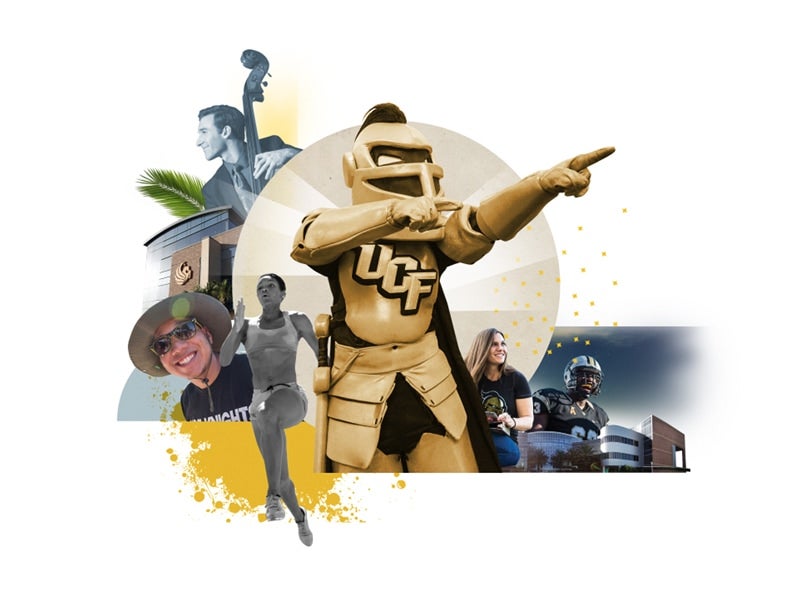UCF collage image featuring Knightro with images of musical instrument, palm trees, UCF building, student in hat and sunglasses, woman running in track uniform, and a football player