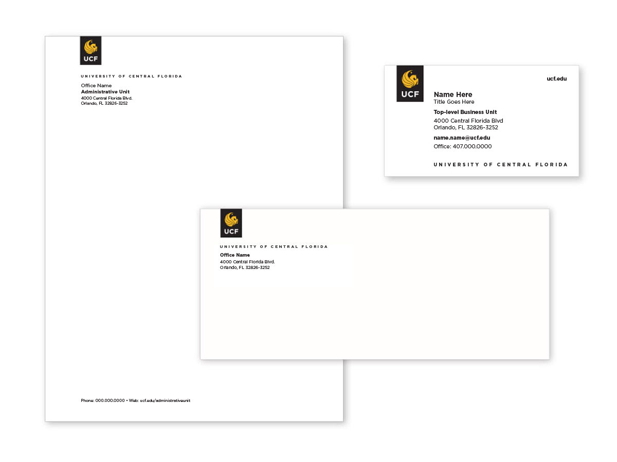Example of UCF letterhead, envelope and business card.