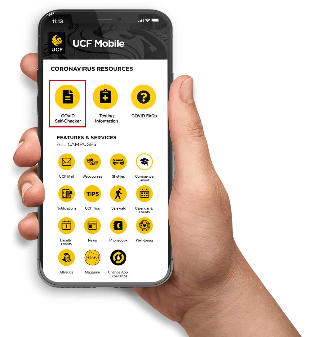 example of COVID Self-Checker button on the UCF Mobile app