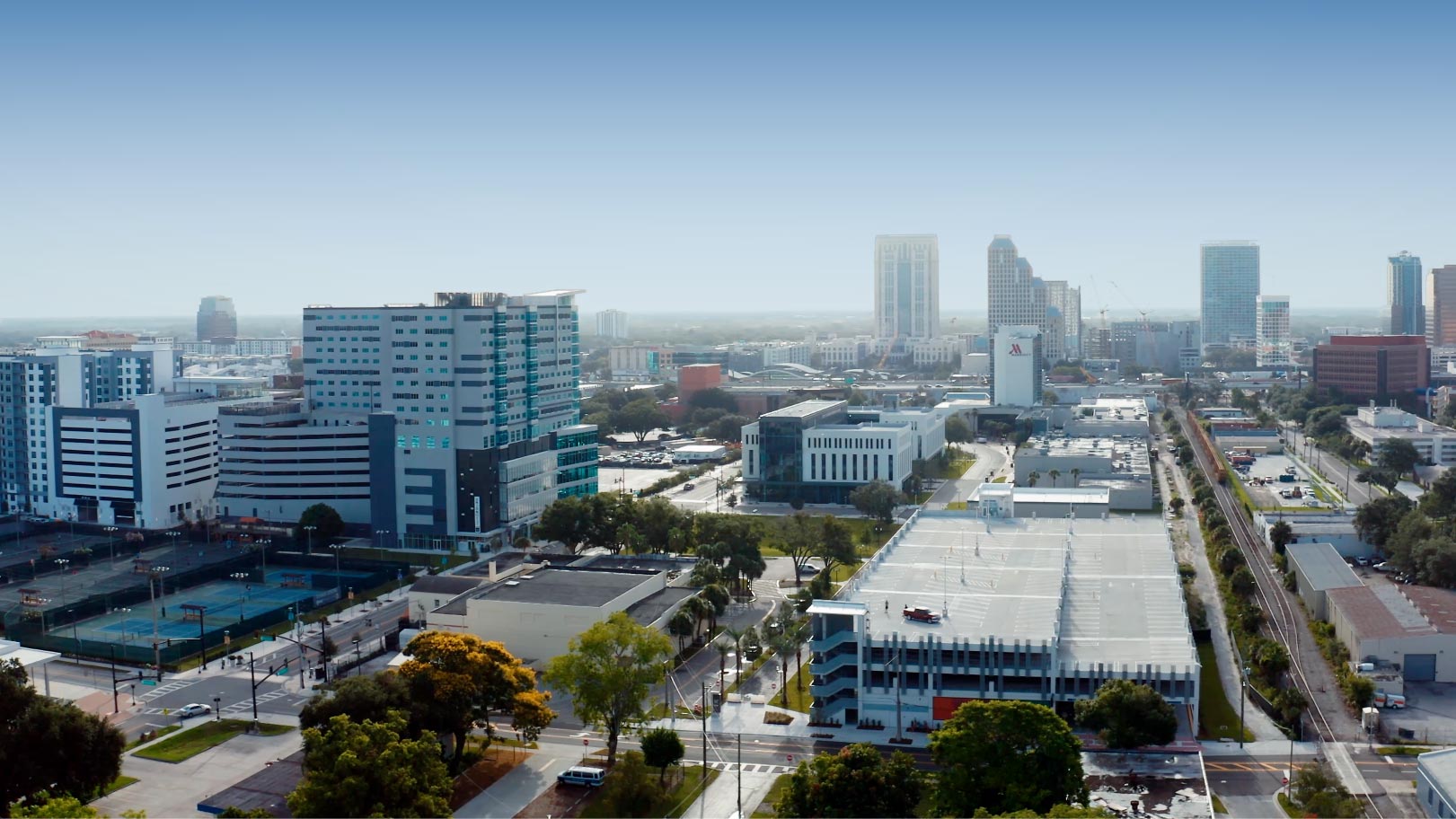 wide shot of campus from drone