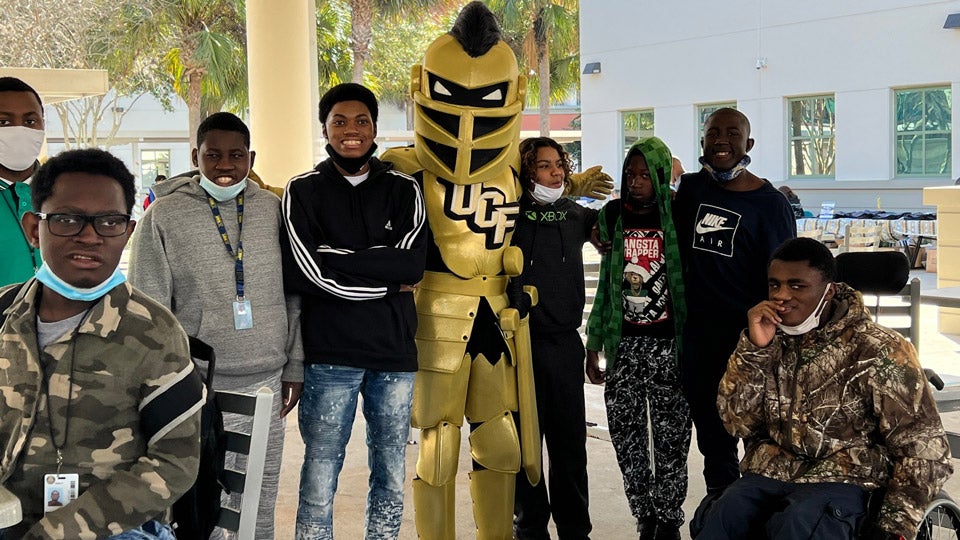 group of students with mascot