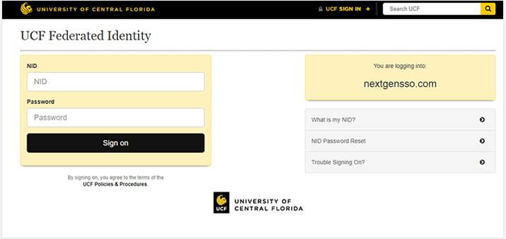 screenshot of myucf login page