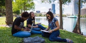 three UCF students sitting outside enjoying the Florida weather