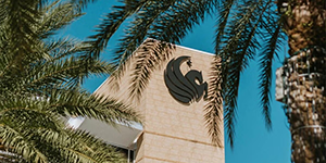 The UCF Pegasus logo on a building on campus,