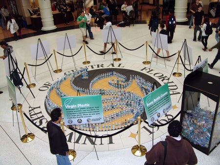 The pegasus on the Student Union floor was outlined with plastic bottles.