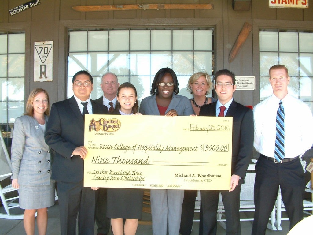 Photo: (L-R) Jennifer Rickmann, Rosen College Development Officer; Jose Lopez, NSMH Chapter Vice President; Dr. Joe Hutchinson, Interim Chair of Rosen College's Foodservice and Lodging Management Department; Sueh Vertuoso, NSMH Chapter Public Relations Chair; Annie Daley, NSMH Member; Lisa Hartman, Cracker Barrel Human Resources Manager; Andres Moralez, NSMH Chapter President; Tom Spellman, Cracker Barrel Human Resources Manager.