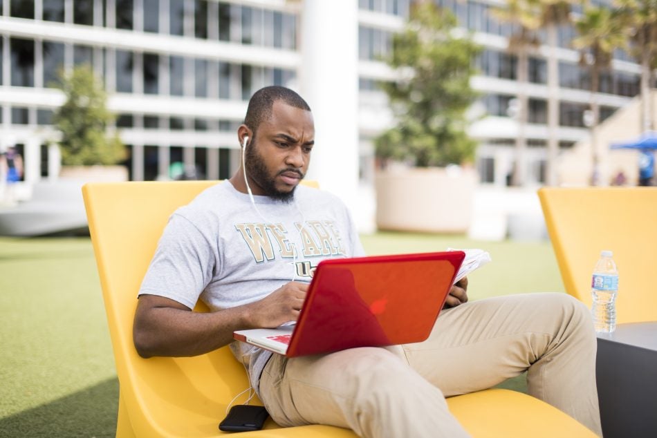 With lots of seating and overhead coverage, the CFE Arena's courtyard is a nice spot to watch Netflix between exam prep. (Photo by Bernard Wilchusky)
