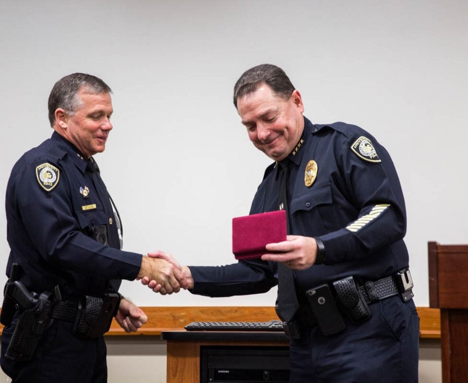 Beary receives a special honoring March during his last swearing-in ceremony for new UCF officers.