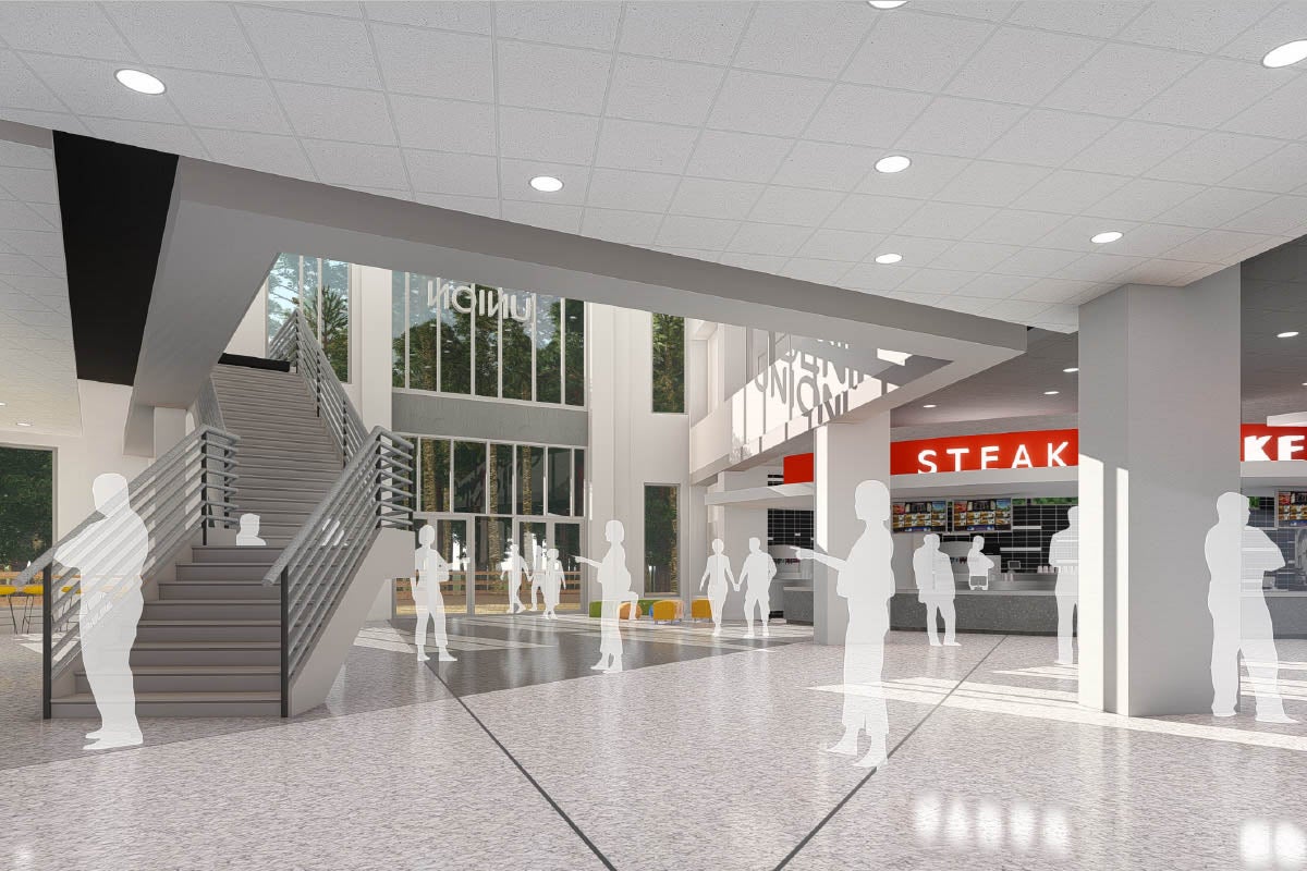 ucf student union rendering stairwell near the food court in the back of the building, leading to a new second-floor café and lounge