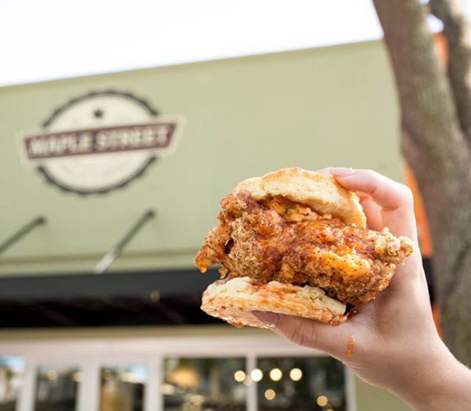 The Sticky Maple — flaky biscuit, all natural fried chicken breast and pecan wood-smoked bacon, all topped with Bissell Family real maple syrup.
