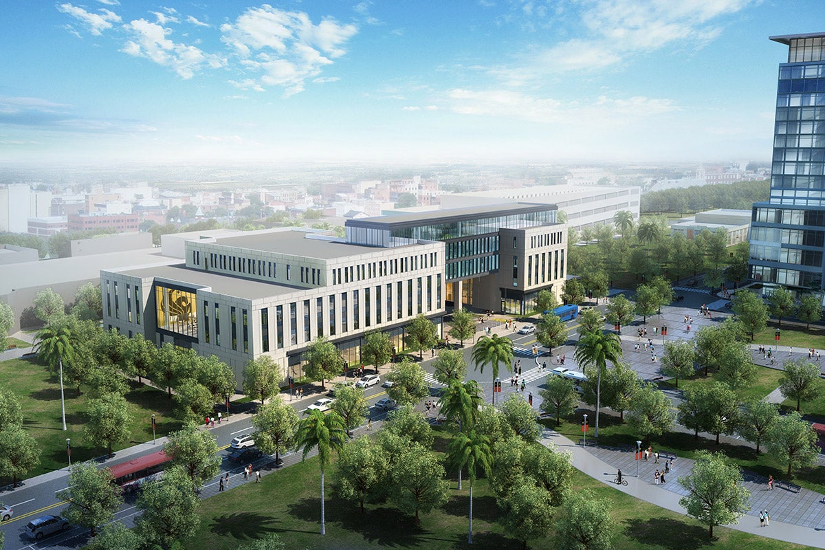 rendering of UCF Downtown campus building with a gold Pegasus logo featured on the exterior and a palm-tree lined street