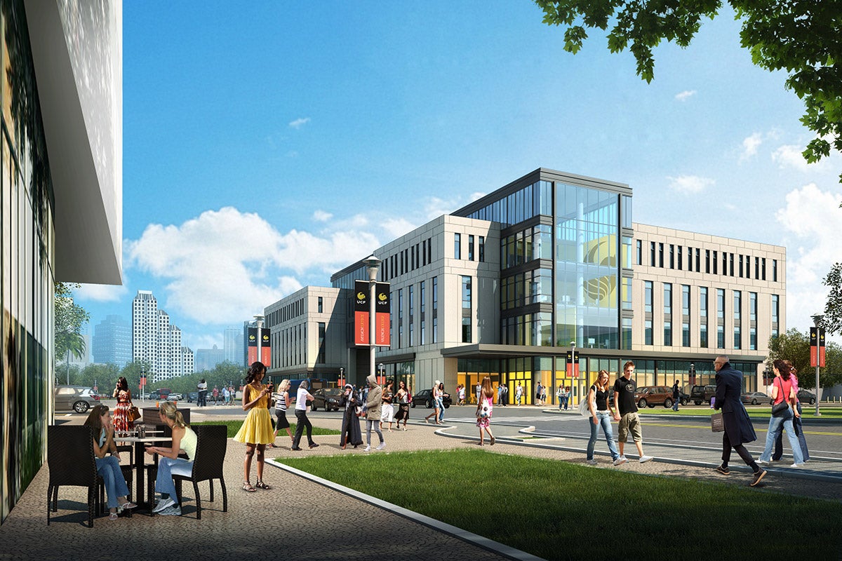 Rendering of concrete and glass building with people walking and meeting along the street