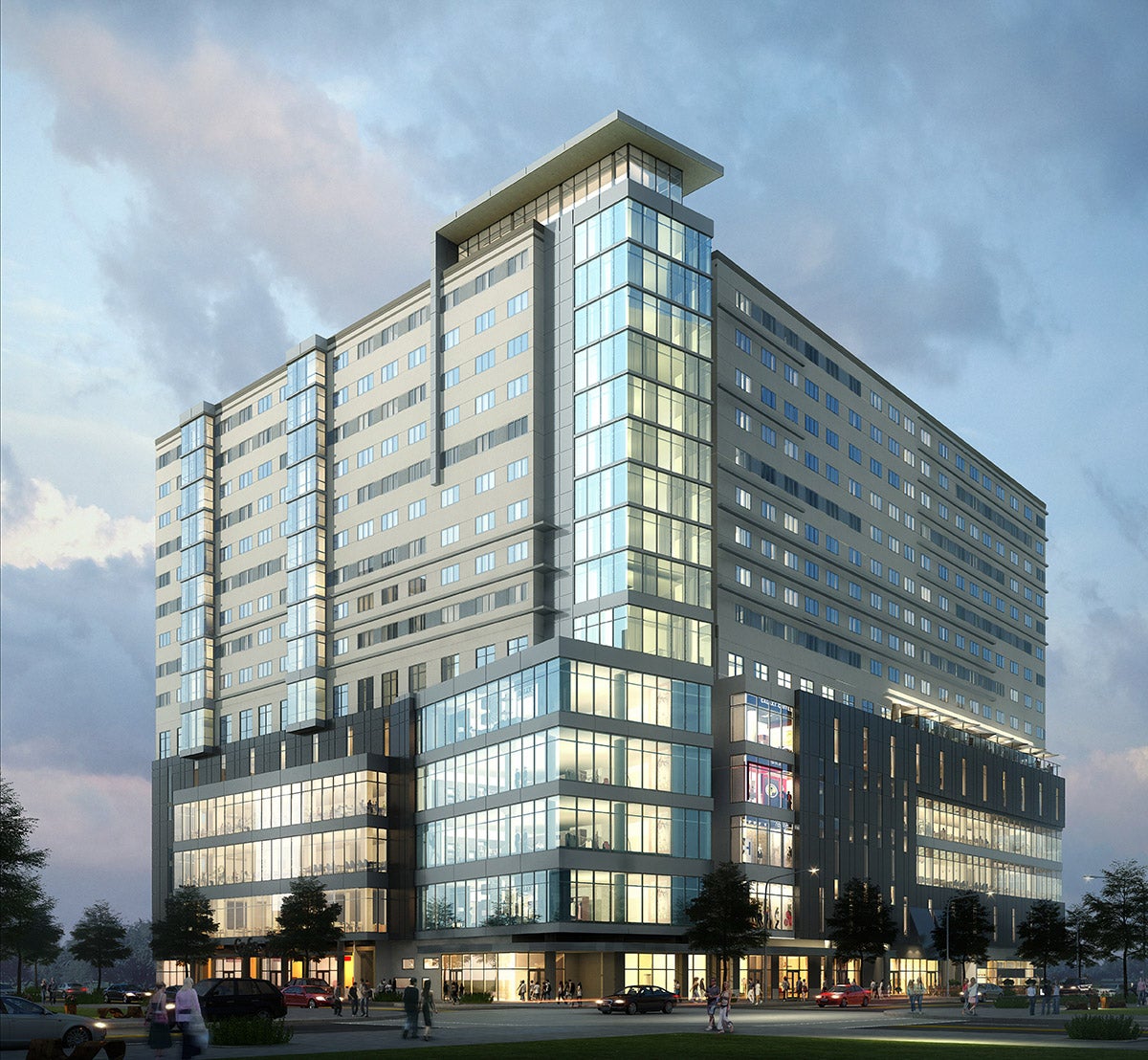 rendering of glass square building lit up at dusk