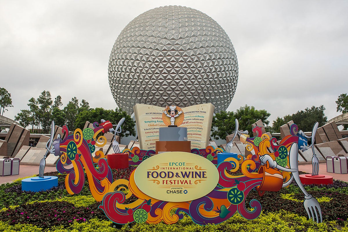 Orange, red, yellow and purple sign announcing food and wine festival in front of EPCOT monument