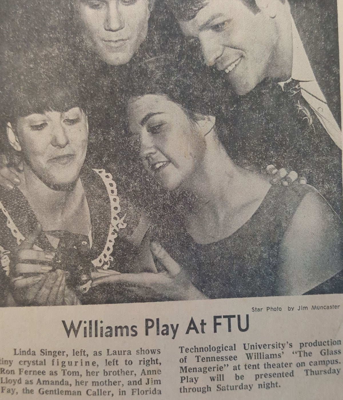 newspaper clipping of two women and two men with the headline Williams Play at FTU
