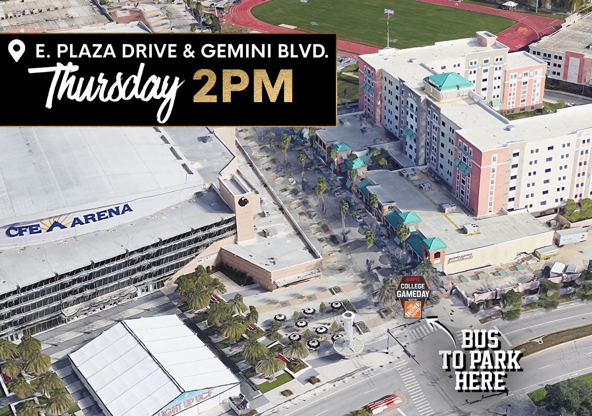 map showing the College GameDay bus on corner of East Plaza Drive and Gemini Blvd