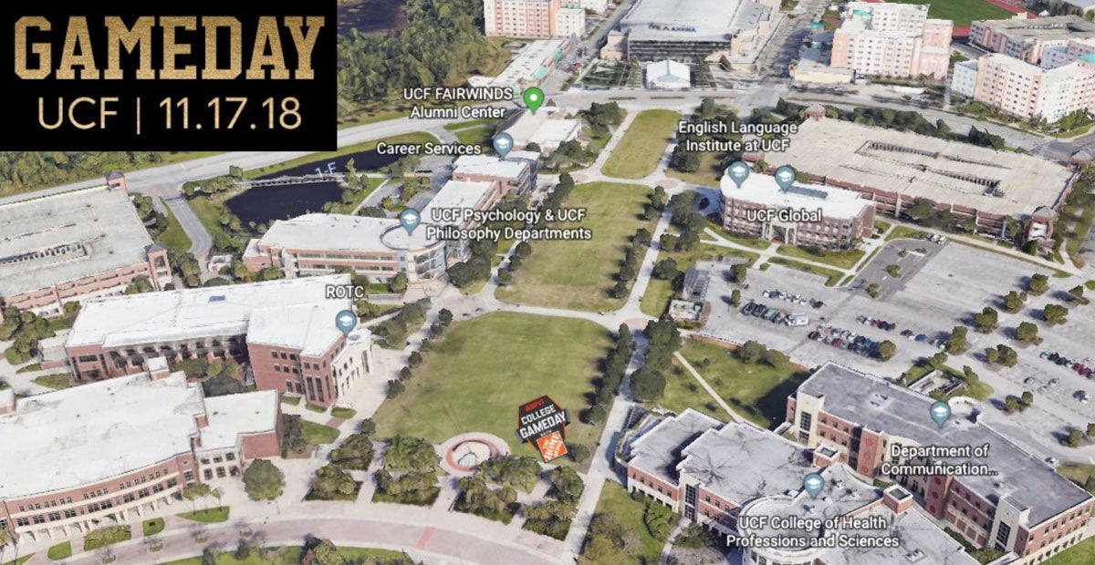 Map of Memory Mall on UCF campus with a graphic of GameDay location in southeast corner