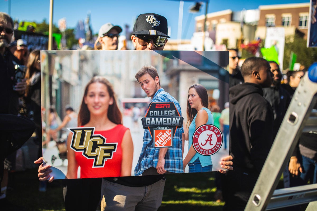 Poster of popular meme with College GameDay looking at UCF instead of Alabama logos