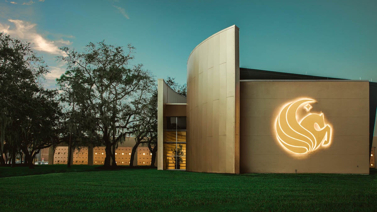 During the evening, the Pegasus on the Duke Energy Welcome Center lights up the building