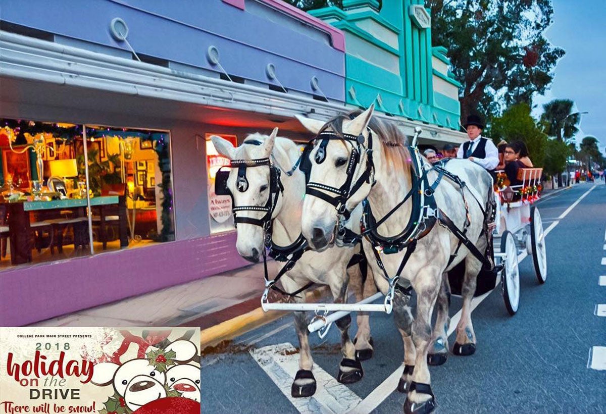 Two white horses pull a carriage of people down a paved road