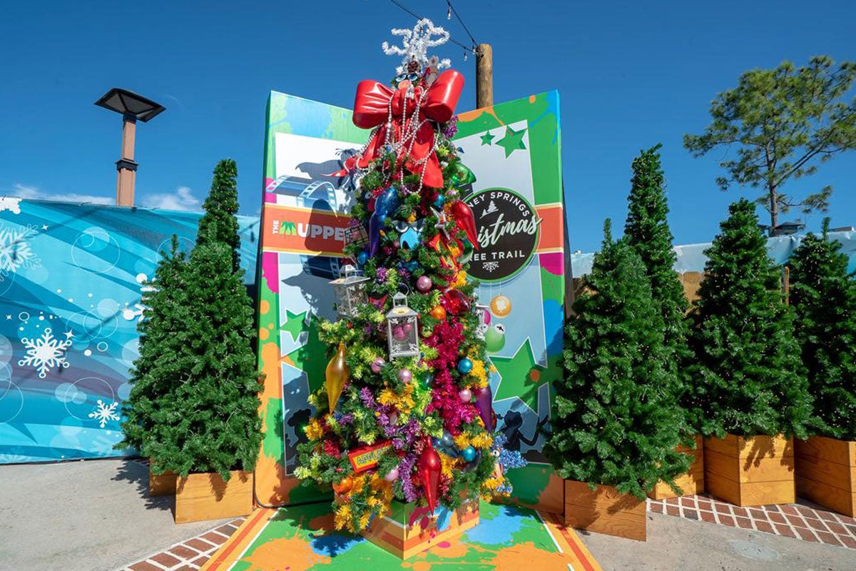 Colorful tall christmas tree in daylight with other non-decorated Christmas trees surrounding it