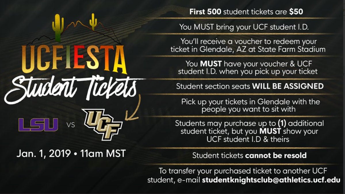 Graphic explaining UCF student ticket info for fiesta bowl