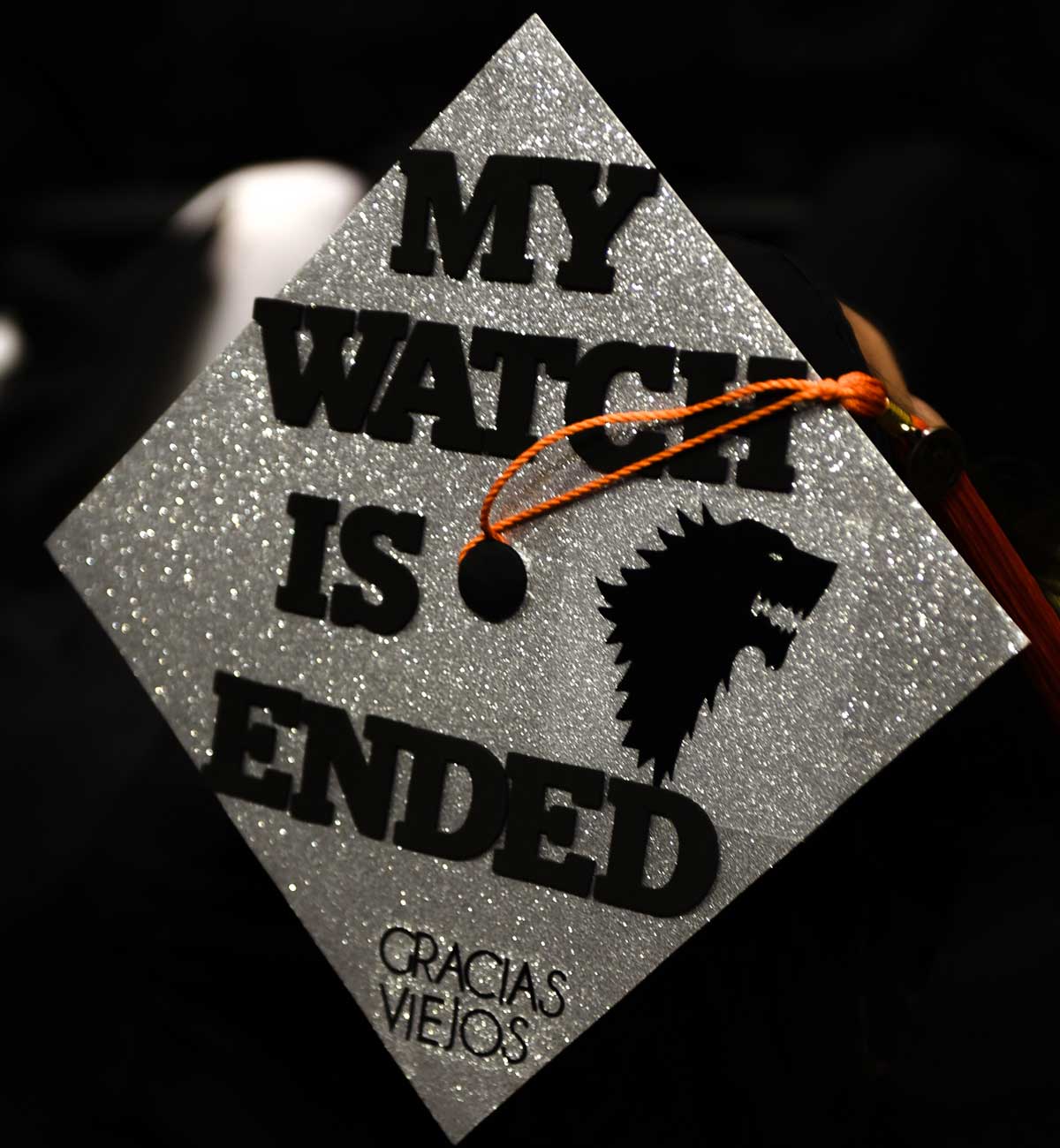 Grad cap decorated with Game of Thrones quote: My Watch is Ended
