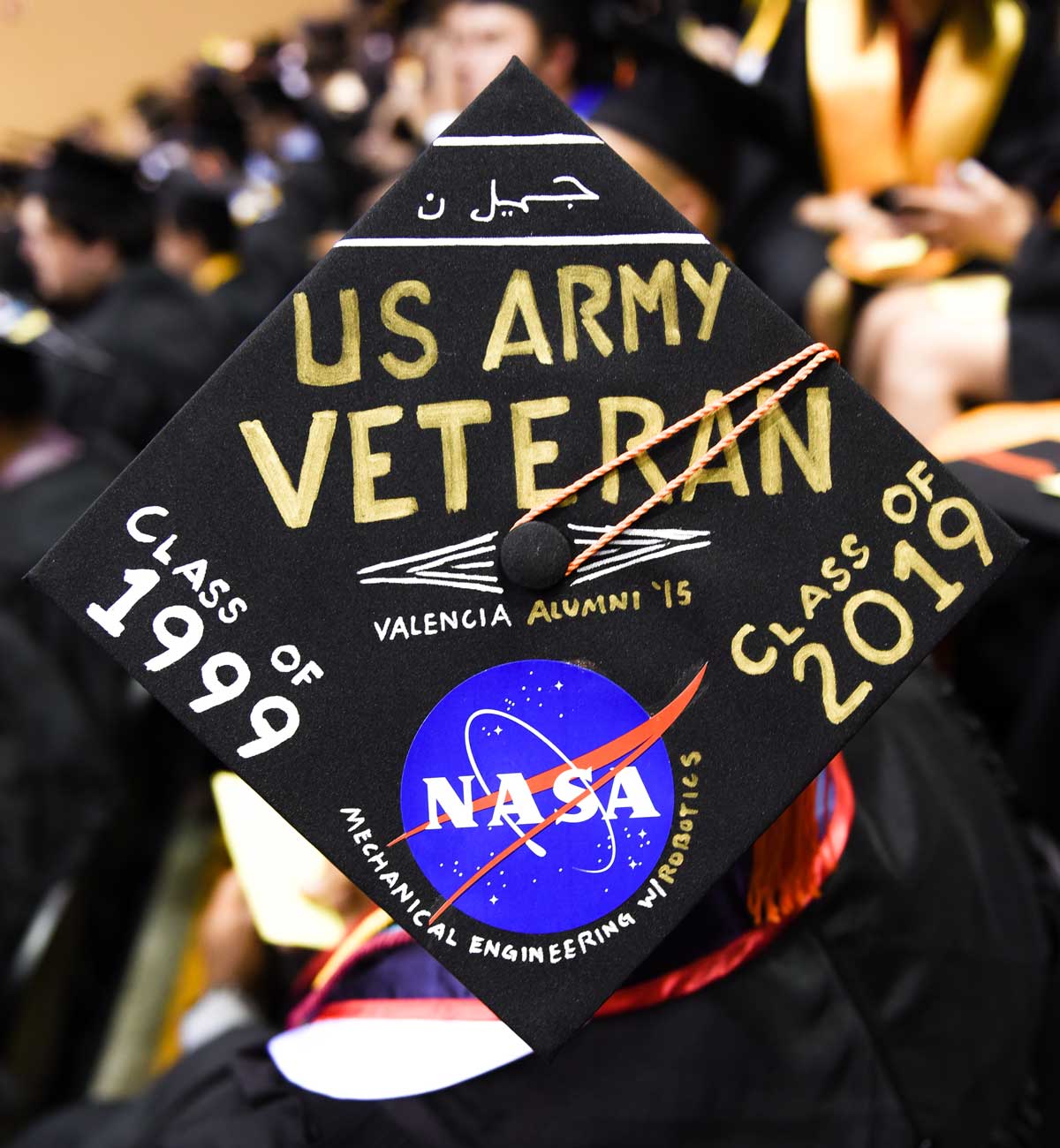 Grad cap decorated with text: US Army Veteran and NASA logo