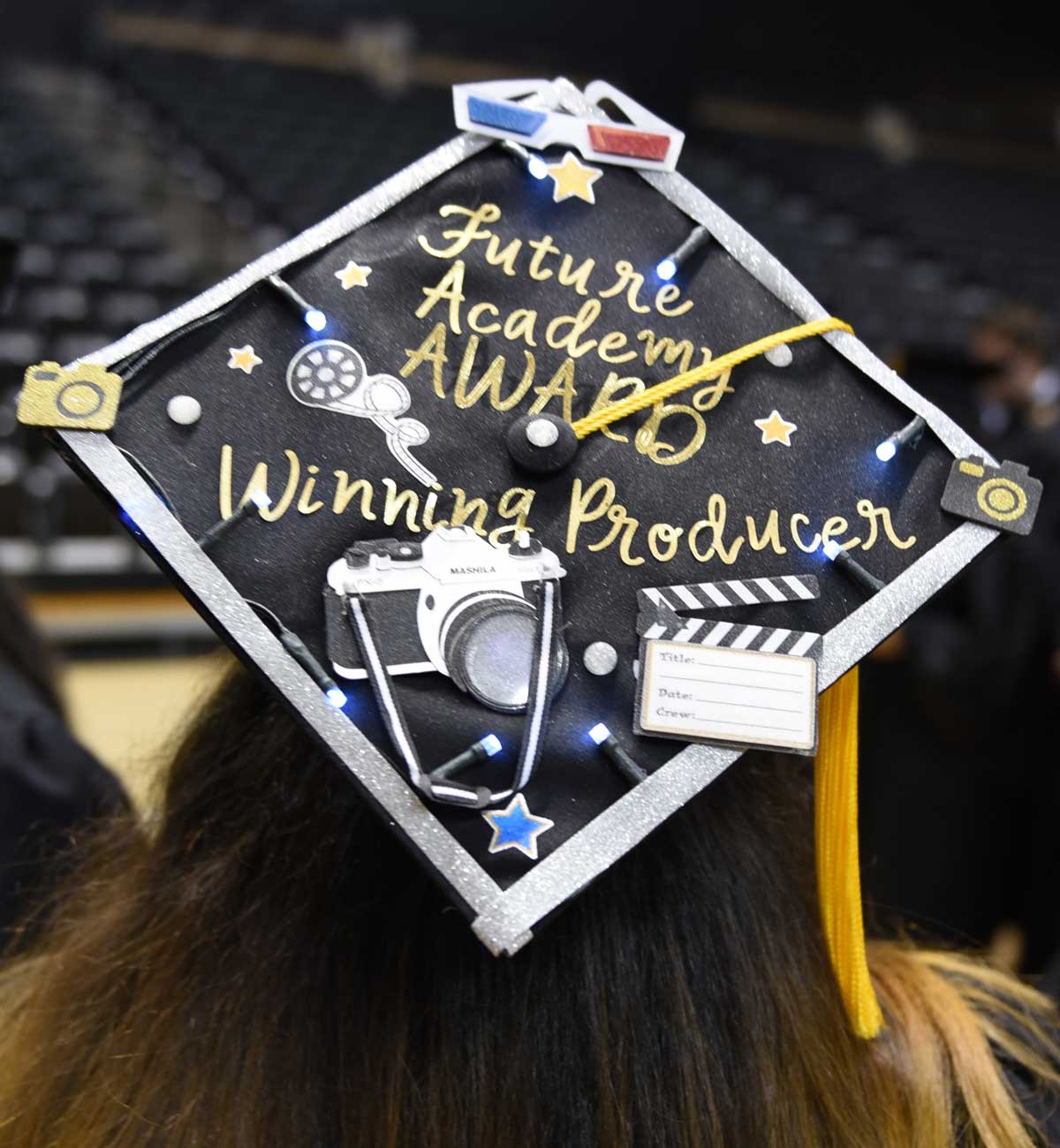Grad cap decorated with text: Future Academy Award winning producer
