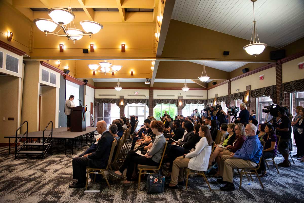 seated crowd in a ballroom