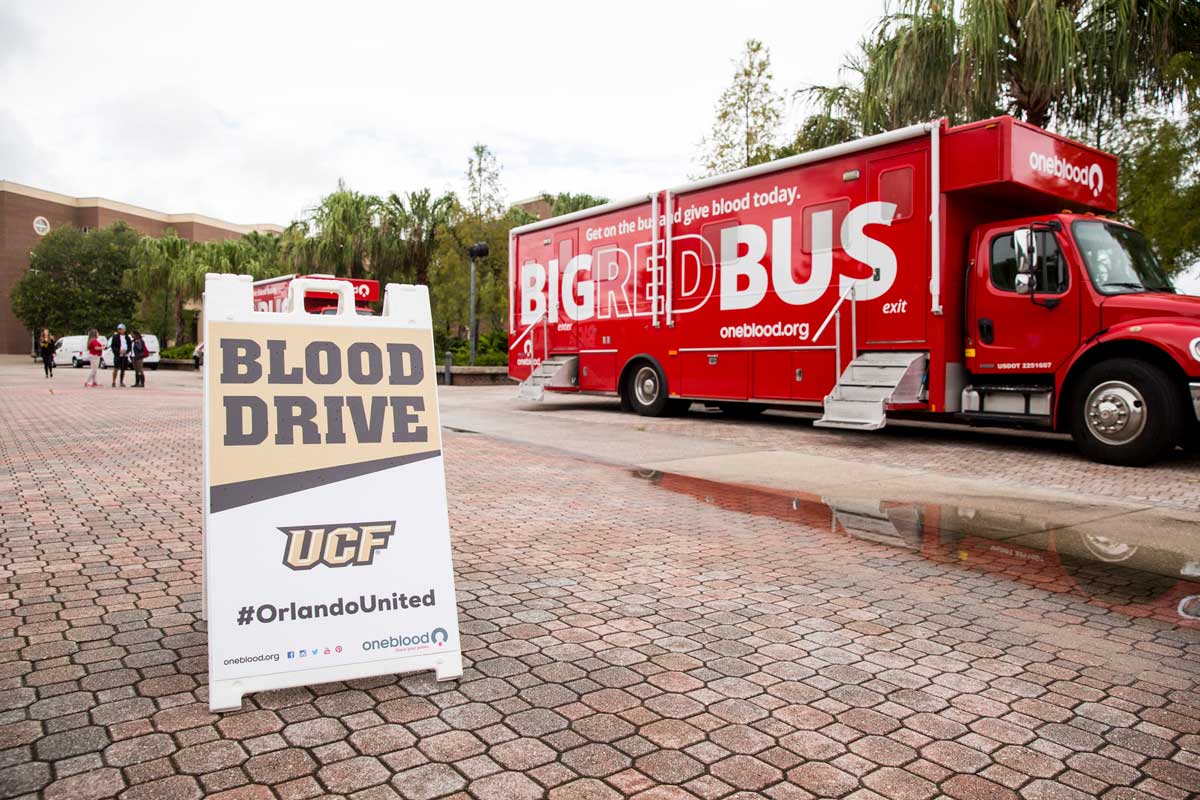 Red blood bus is parked on brick street