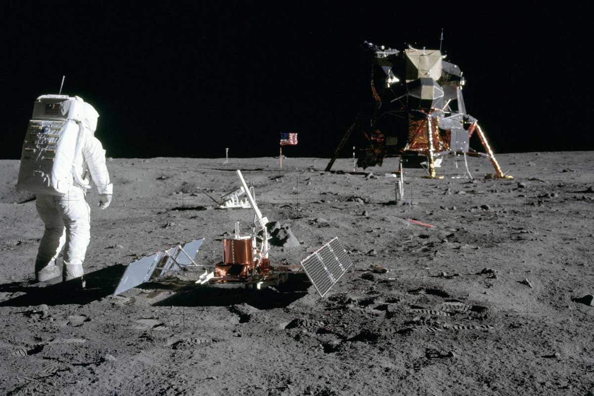 Astronaut Buzz Aldrin stands on the moon 