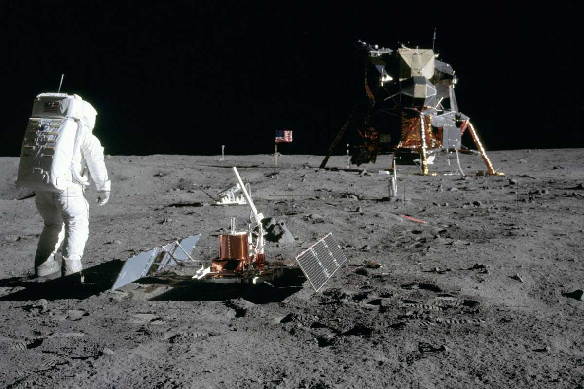 Astronaut Buzz Aldrin stands on the moon