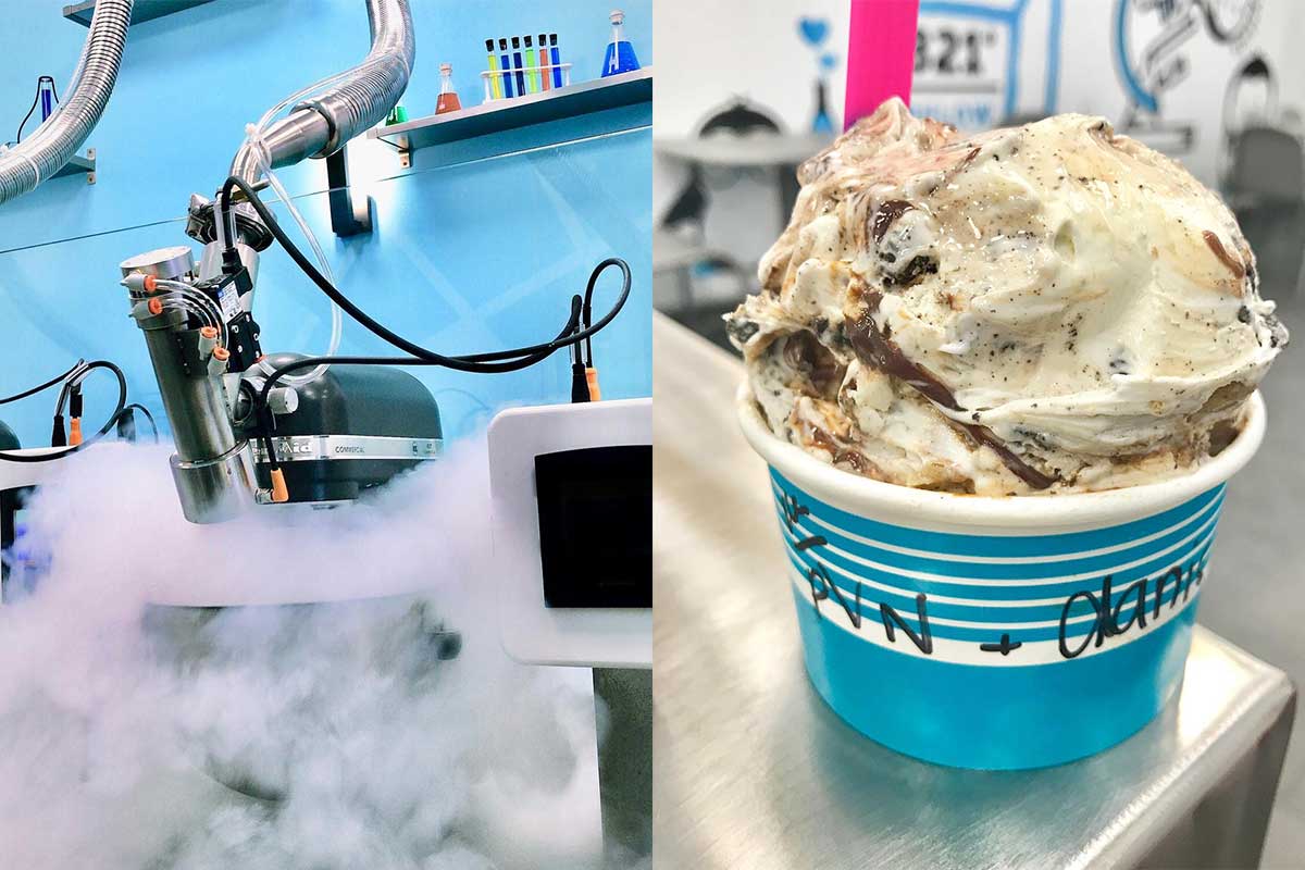 side by side photo of machine with smoke and ice cream in a cup