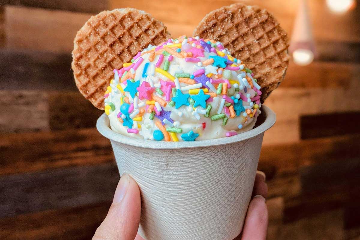 ice cream with rainbow sprinkles and two wafers in a cup