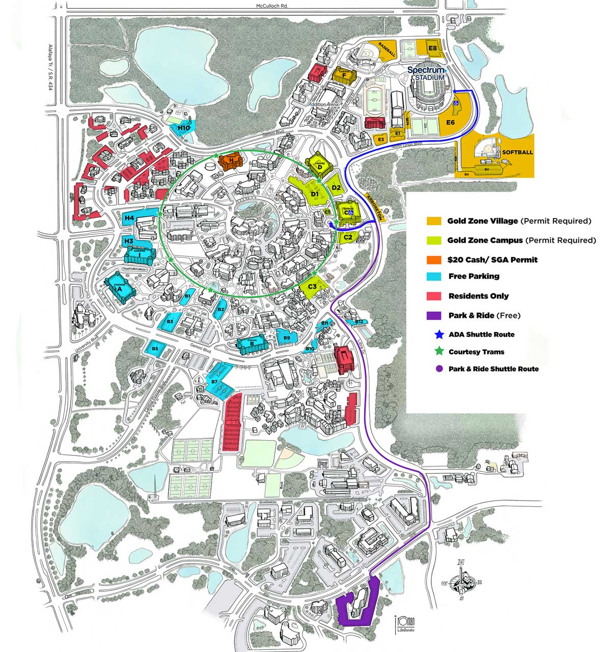 map of UCF campus that shows parking lots and shuttle routes