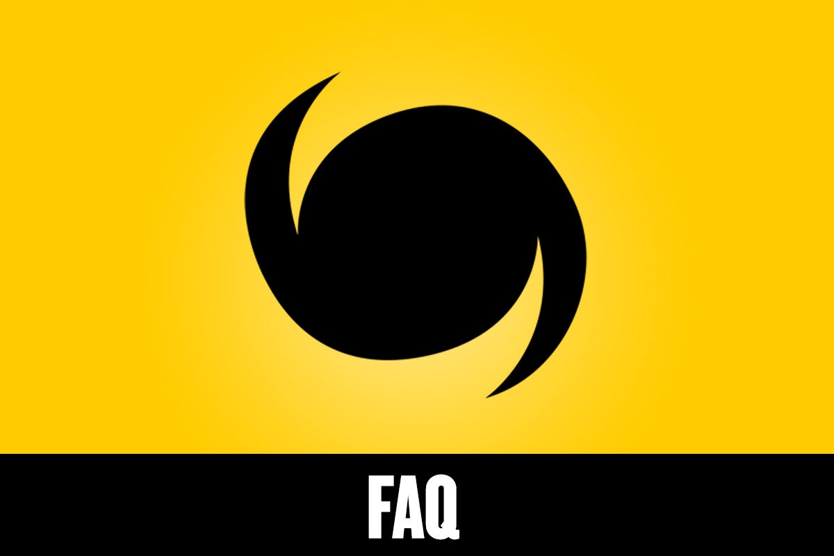 A black and yellow graphic with a hurricane symbol and FAQ