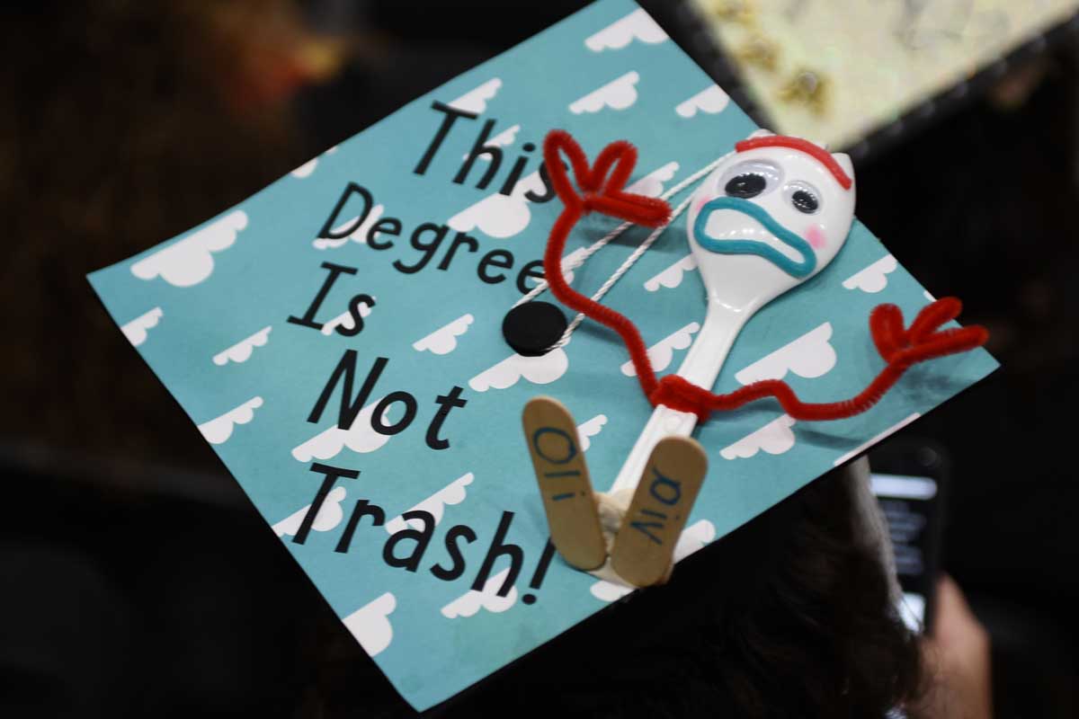 Decorated grad cap: Forky from Toy Story 4 "This Degree is Not Trash"