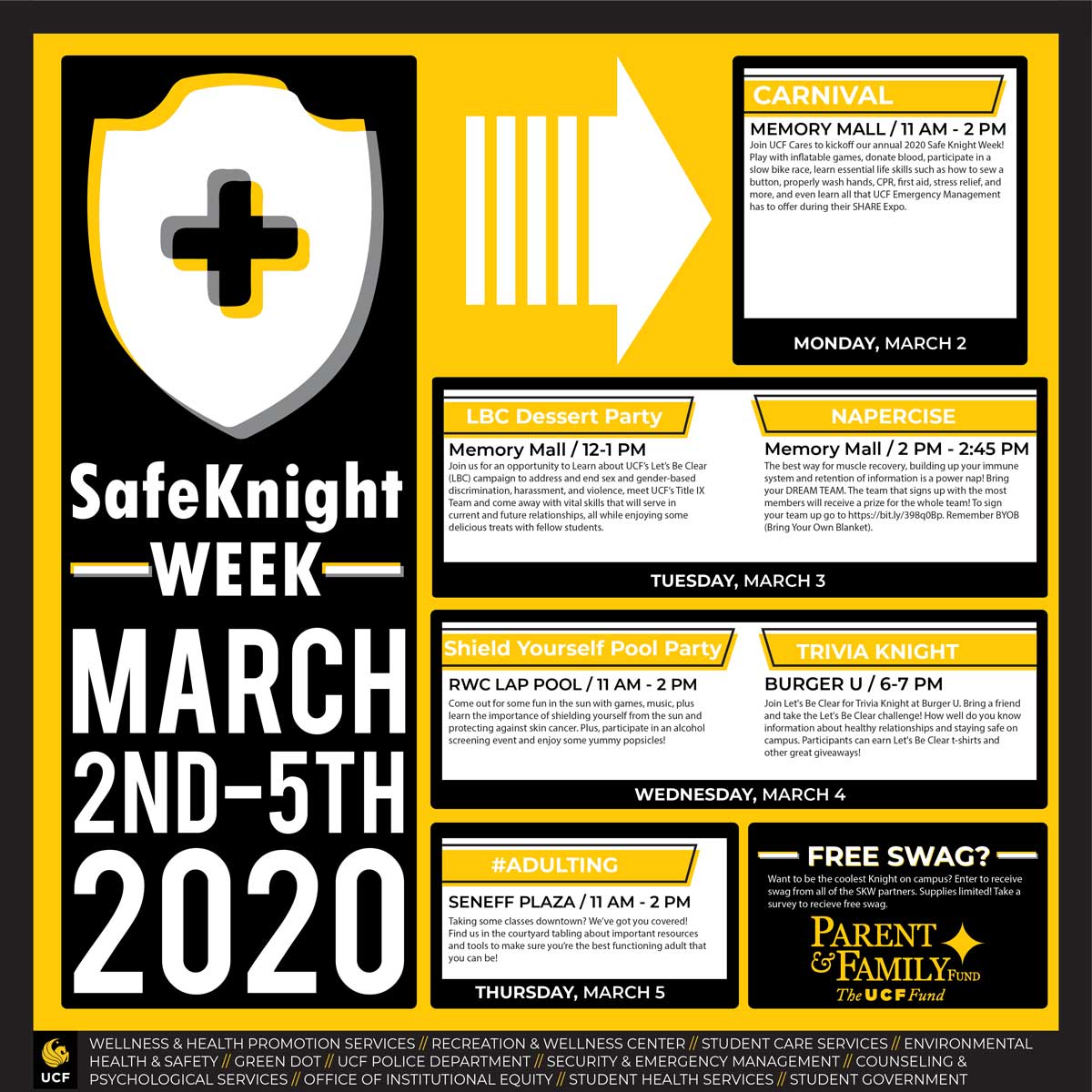 black and yellow graphic outlining Safe Knight Week's events