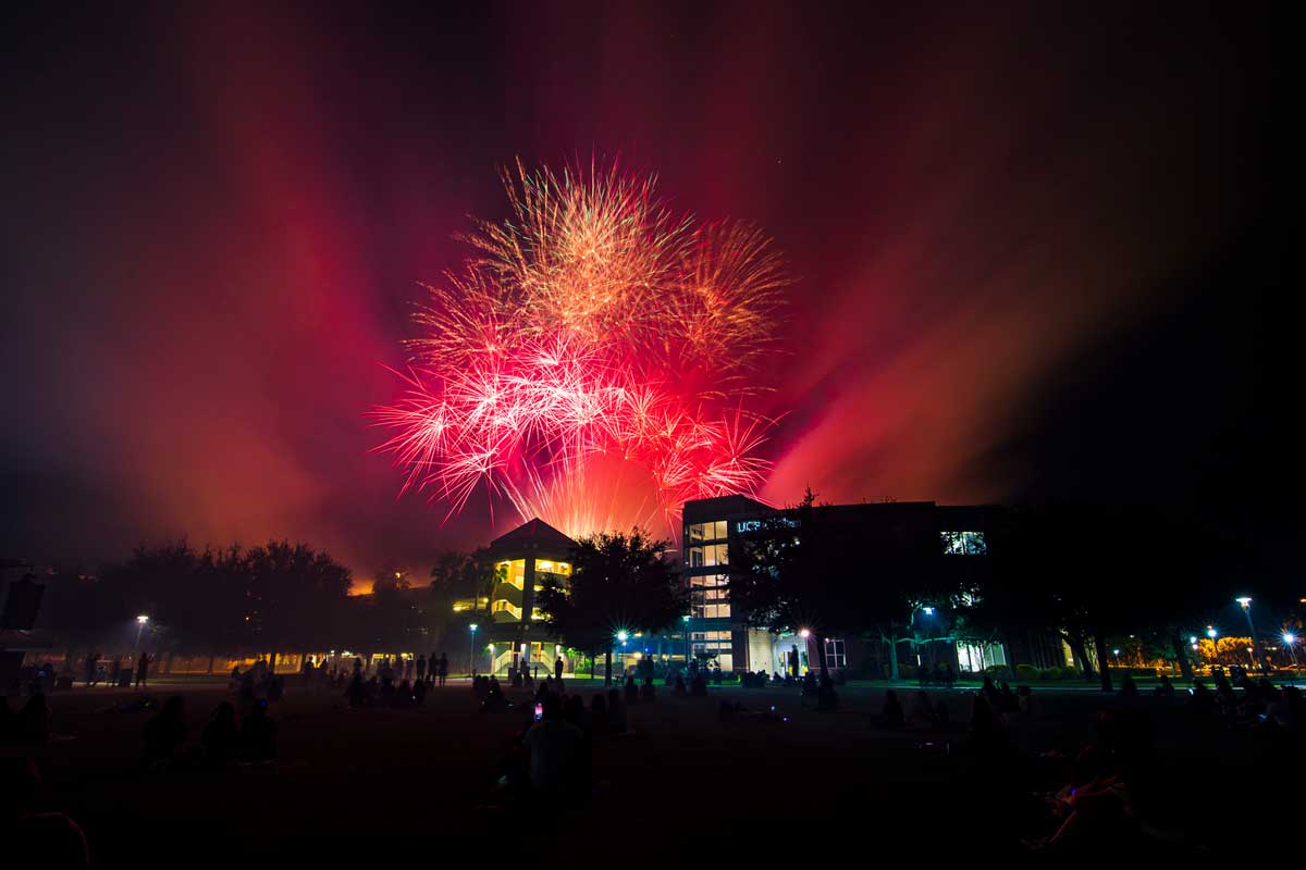 fireworks over parking garage on UCF campus