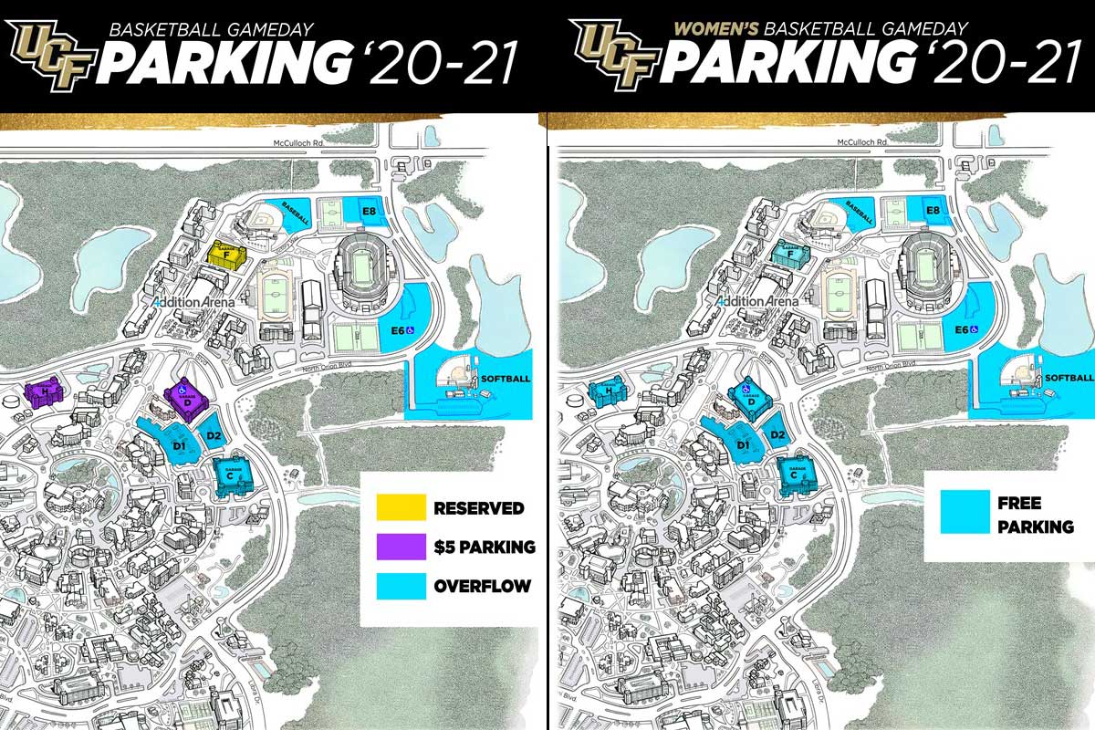 side by side parking maps of UCF campus on basketball game days
