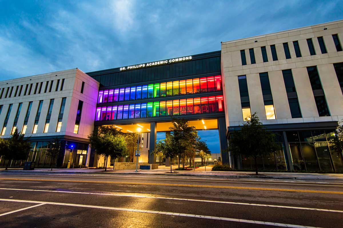 UCF Downtown's DPAC building lit in rainbow colors