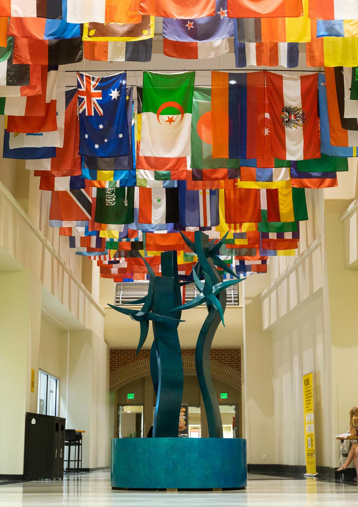 International flags in hallway of student union
