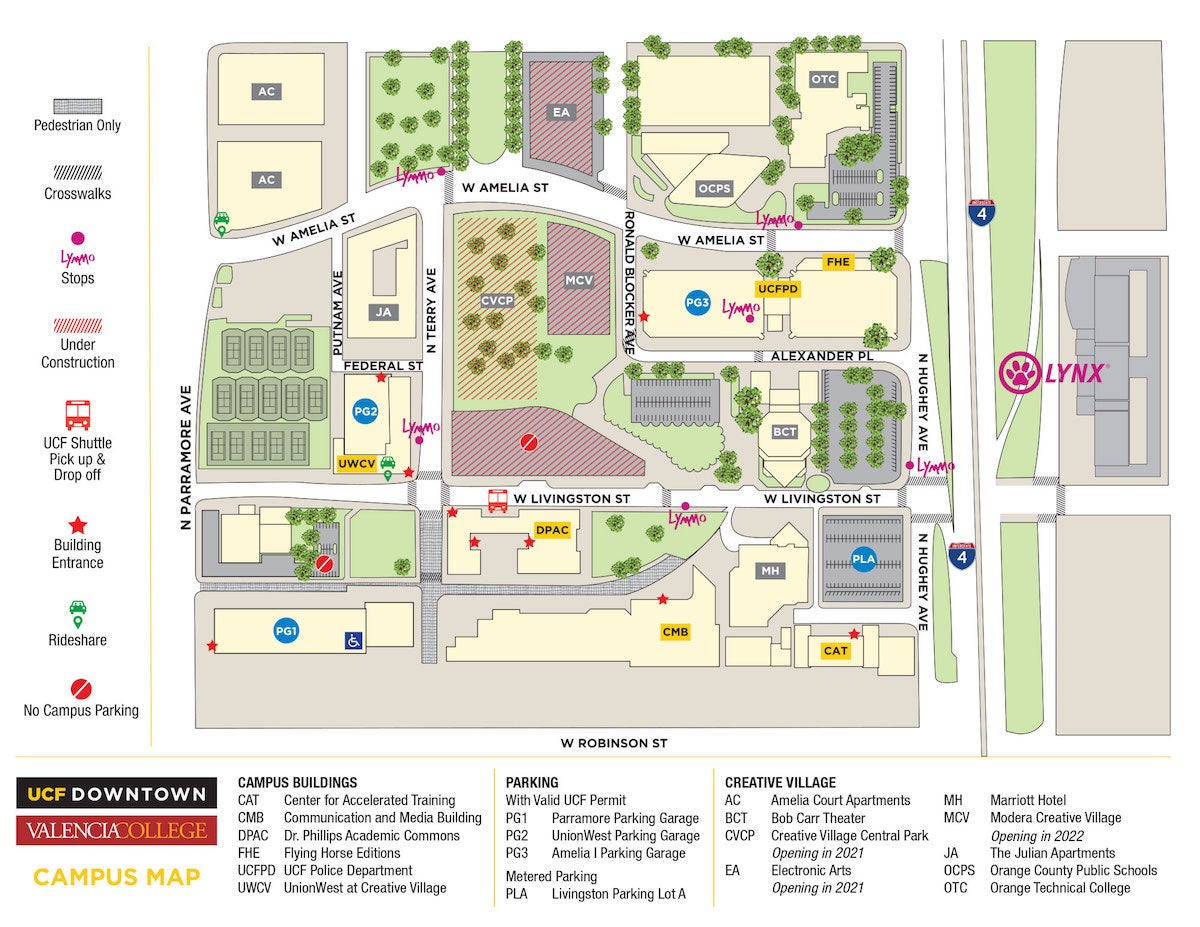 Map detailing UCf downtown campus with indicators of where you can park on Amelia Street