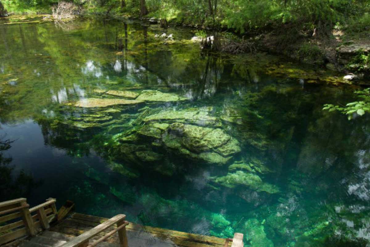 Dock leads to blue-green water of Peacock Springs