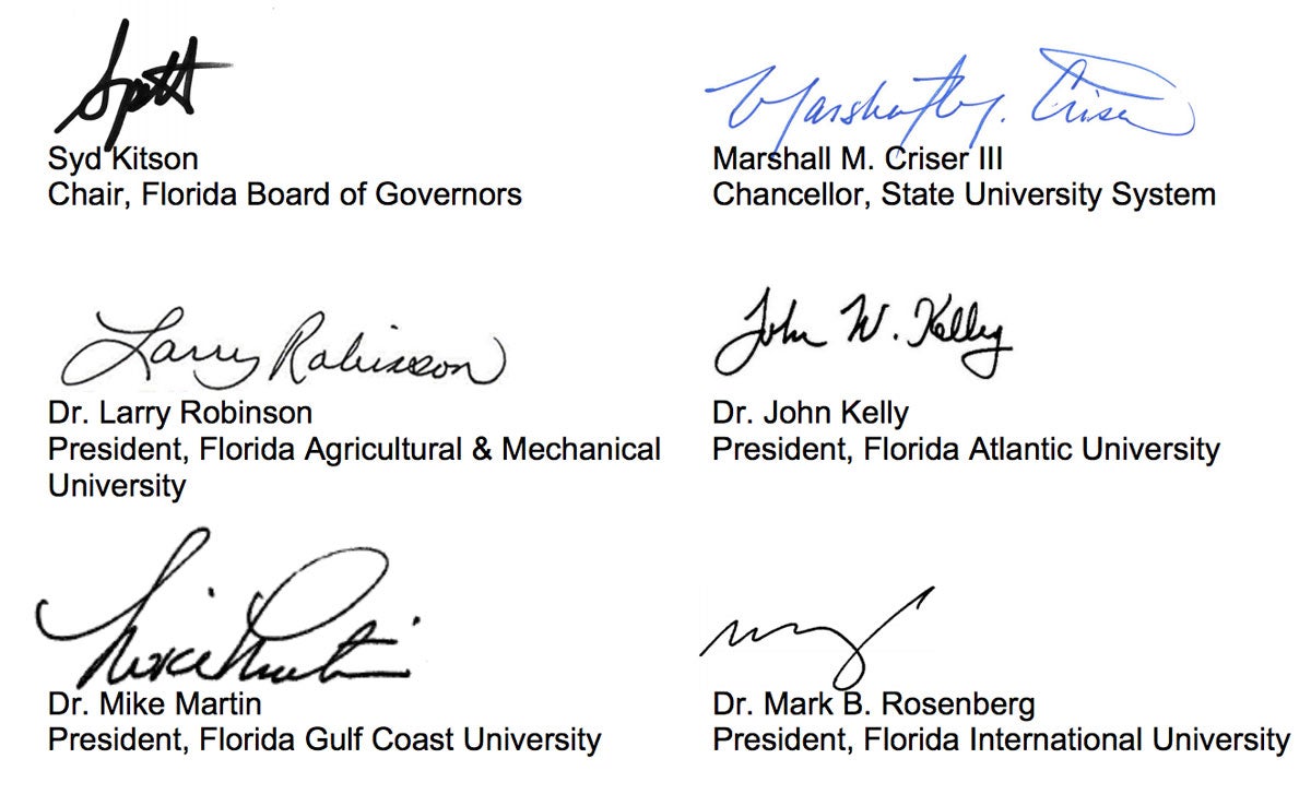 signatures along with names and titles of Florida BOG chair and several Florida university presidents